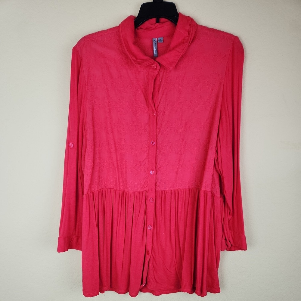 New Directions Weekend Women's XL pink‎ prairie Eyelet Button Down Tunic Top